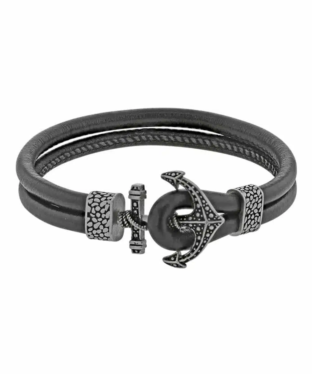 Bracelet Samir ancre acier et cuir d’ovin noir