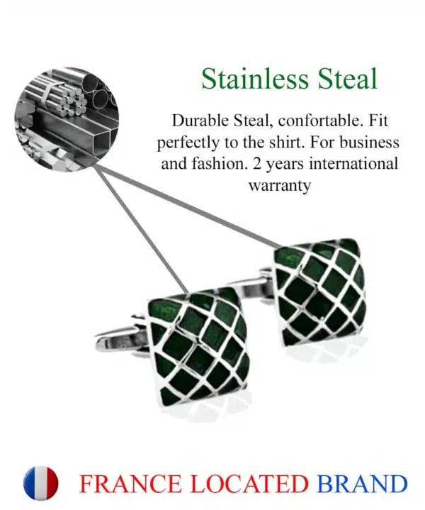 Boutons De Manchette Carrés Verts Pour Hommes - Métal Plaqué Rhodium - 18x18 Mm - Cadeau Mariage, Fête, Bureau
