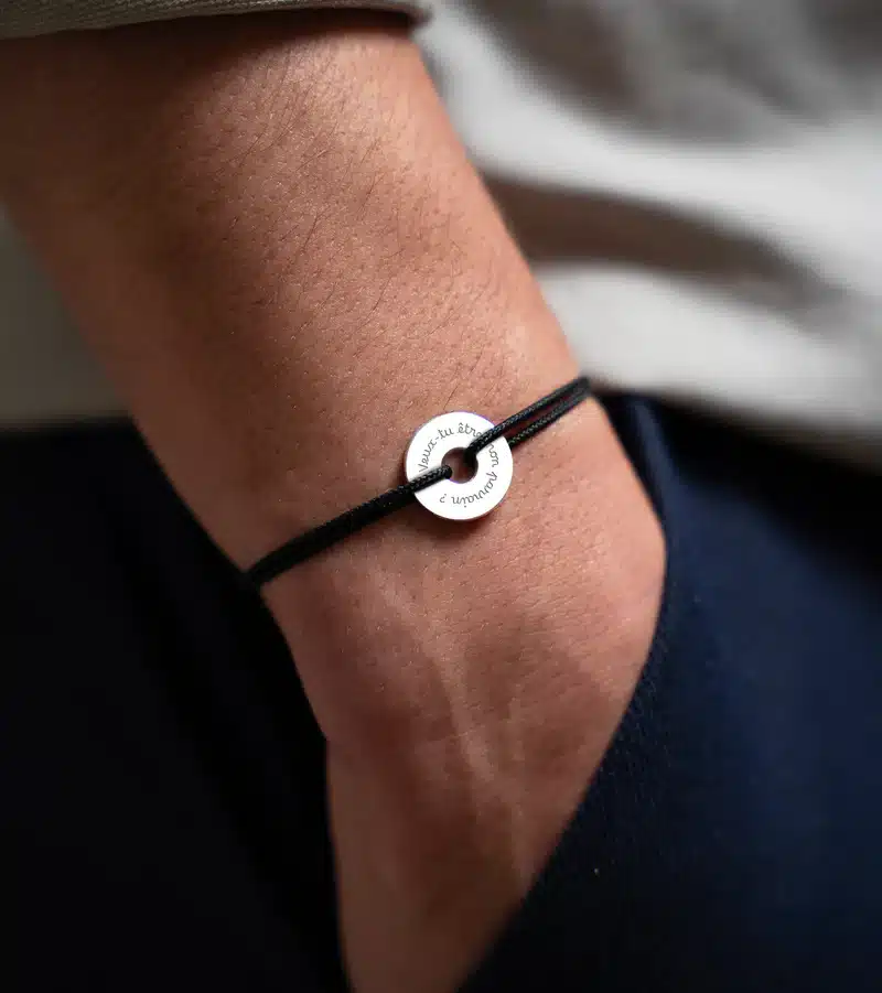 Bracelet Cible 15 mm Argent Personnalise Cordon Noir