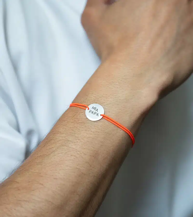Bracelet Medaille Argent 15 mm Personnalise 2 Trous Cordon Orange fluo dessin